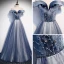 Best Royal Blue Evening Dresses  2020 A-Line / Princess Off-The-Shoulder Short Sleeve Beading Glitter Tulle Floor-Length / Long Ruffle Backless Formal Dresses