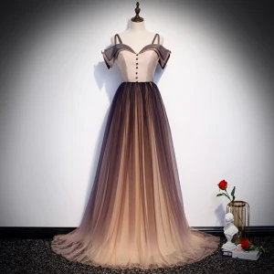Elegant Brown Gradient Color Evening Dresses 2020 A Line Princess Spaghetti Straps Short Sleeve Sweep Train Ruffle Backless Formal Dresses