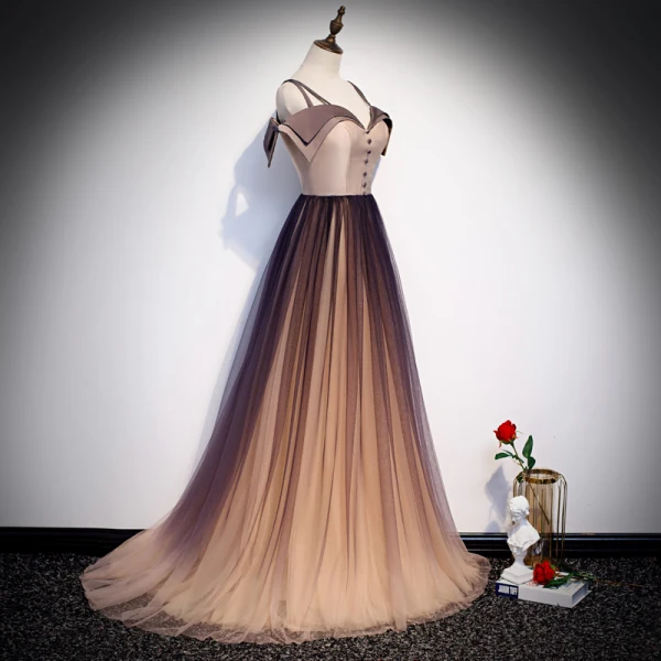 Elegante Braun Farbverlauf Abendkleider 2020 A Linie Spaghettiträger Kurze Ärmel Sweep / Pinsel Zug Rüschen Rückenfreies Festliche Kleider