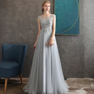 Chic Beautiful Grey See Through Evening Dresses 2020 A Line Princess Scoop Neck Sleeveless Appliques Lace Beading Floor Length Long Backless Formal Dresses