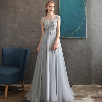 Chic Beautiful Grey See Through Evening Dresses 2020 A Line Princess Scoop Neck Sleeveless Appliques Lace Beading Floor Length Long Backless Formal Dresses