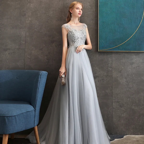 Chic / Beautiful Grey See-through Evening Dresses 2020 A-Line / Princess Scoop Neck Sleeveless Appliques Lace Beading Floor-Length / Long Backless Formal Dresses