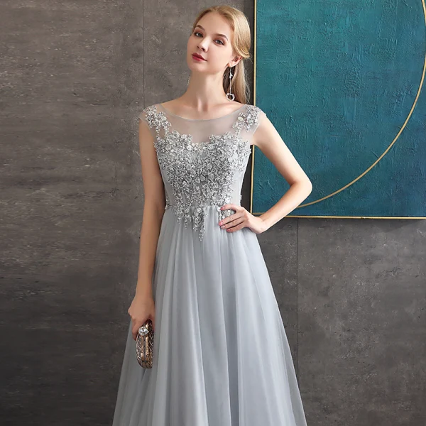 Chic / Beautiful Grey See-through Evening Dresses 2020 A-Line / Princess Scoop Neck Sleeveless Appliques Lace Beading Floor-Length / Long Backless Formal Dresses