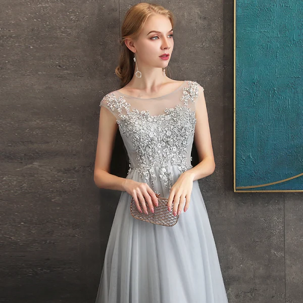 Chic / Beautiful Grey See-through Evening Dresses 2020 A-Line / Princess Scoop Neck Sleeveless Appliques Lace Beading Floor-Length / Long Backless Formal Dresses