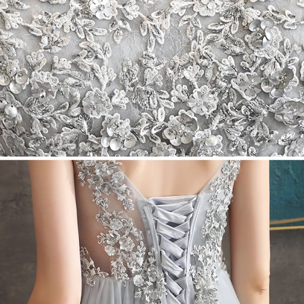 Chic / Beautiful Grey See-through Evening Dresses 2020 A-Line / Princess Scoop Neck Sleeveless Appliques Lace Beading Floor-Length / Long Backless Formal Dresses
