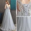 Chic / Beautiful Grey See-through Evening Dresses  2020 A-Line / Princess Scoop Neck Sleeveless Appliques Lace Beading Floor-Length / Long Backless Formal Dresses