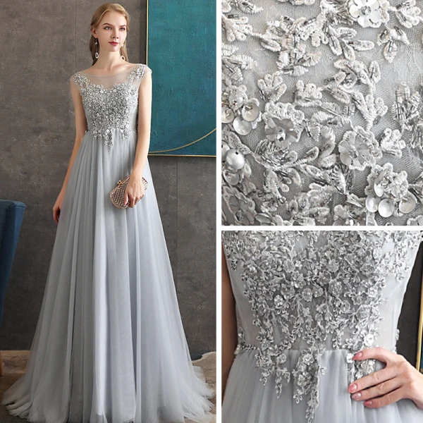 Chic / Beautiful Grey See-through Evening Dresses 2020 A-Line / Princess Scoop Neck Sleeveless Appliques Lace Beading Floor-Length / Long Backless Formal Dresses