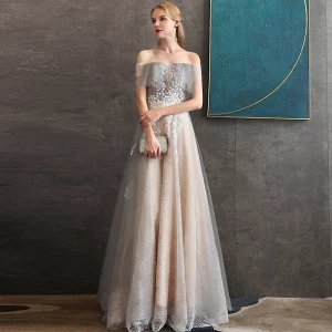 Elegant Champagne Lace Evening Dresses 2020 A Line Princess Off The Shoulder Short Sleeve Appliques Flower Beading Floor Length Long Ruffle Backless Formal Dresses