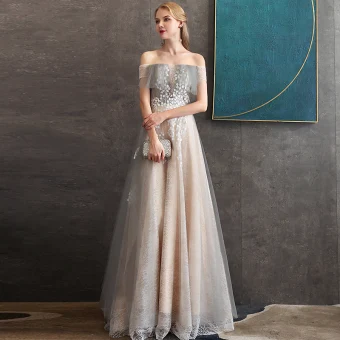 Élégant Champagne Dentelle Robe De Soirée 2020 Princesse De L 039 Épaule Manches Courtes Appliques Fleur Perlage Longue Volants Dos Nu Robe De Ceremonie