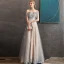 Eleganckie Szampan Koronkowe Sukienki Wieczorowe 2020 Princessa Przy Ramieniu Kótkie Rękawy Aplikacje Kwiat Frezowanie Długie Wzburzyć Bez Pleców Sukienki Wizytowe