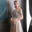 Eleganckie Szampan Koronkowe Sukienki Wieczorowe 2020 Princessa Przy Ramieniu Kótkie Rękawy Aplikacje Kwiat Frezowanie Długie Wzburzyć Bez Pleców Sukienki Wizytowe