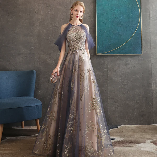 Illusion Violet Transparentes Robe De Soirée 2020 Princesse Encolure Dégagée Manches Courtes Appliques En Dentelle Glitter Paillettes Volants Perlage Longue Dos Nu Robe De Ceremonie