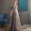 Illusion Purple See-through Evening Dresses  2020 A-Line / Princess Scoop Neck Short Sleeve Appliques Lace Glitter Sequins Ruffle Beading Floor-Length / Long Backless Formal Dresses