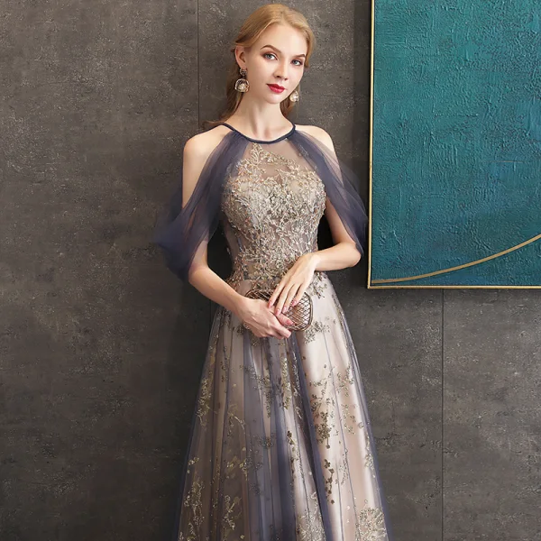 Illusion Violet Transparentes Robe De Soirée 2020 Princesse Encolure Dégagée Manches Courtes Appliques En Dentelle Glitter Paillettes Volants Perlage Longue Dos Nu Robe De Ceremonie