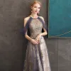 Illusion Purple See-through Evening Dresses  2020 A-Line / Princess Scoop Neck Short Sleeve Appliques Lace Glitter Sequins Ruffle Beading Floor-Length / Long Backless Formal Dresses