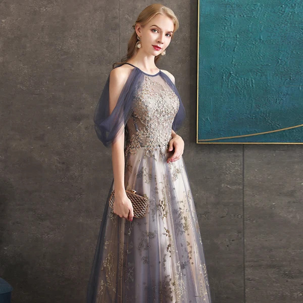 Illusion Violet Transparentes Robe De Soirée 2020 Princesse Encolure Dégagée Manches Courtes Appliques En Dentelle Glitter Paillettes Volants Perlage Longue Dos Nu Robe De Ceremonie