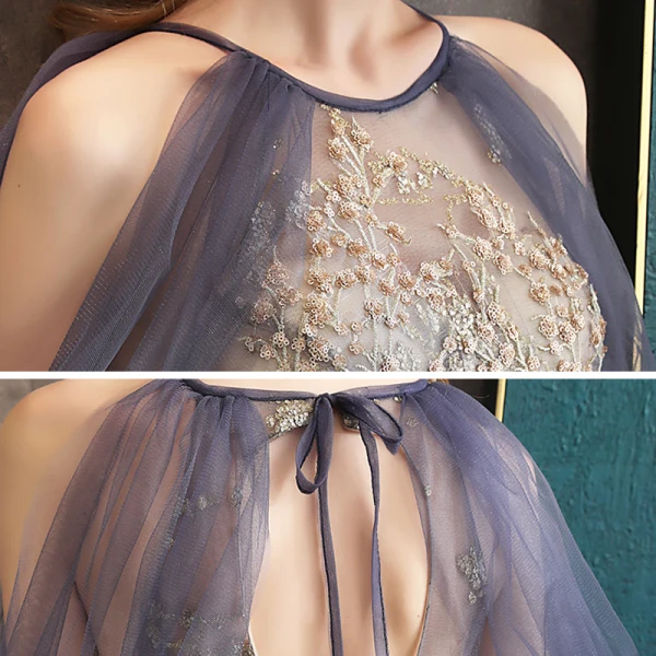 Illusion Violet Transparentes Robe De Soirée 2020 Princesse Encolure Dégagée Manches Courtes Appliques En Dentelle Glitter Paillettes Volants Perlage Longue Dos Nu Robe De Ceremonie