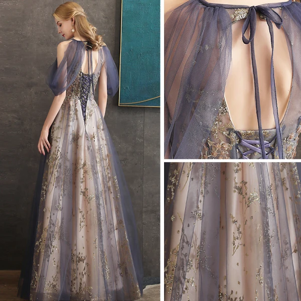 Illusion Violet Transparentes Robe De Soirée 2020 Princesse Encolure Dégagée Manches Courtes Appliques En Dentelle Glitter Paillettes Volants Perlage Longue Dos Nu Robe De Ceremonie