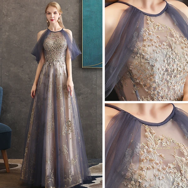 Illusion Violet Transparentes Robe De Soirée 2020 Princesse Encolure Dégagée Manches Courtes Appliques En Dentelle Glitter Paillettes Volants Perlage Longue Dos Nu Robe De Ceremonie