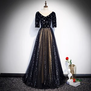 Vintage Originale Noire Robe De Soirée 2020 Princesse Transparentes V Cou Gonflée 1 2 Manches Brodé Glitter Étoile Tulle Longue Volants Robe De Ceremonie