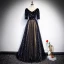Vintage / Retro Black Evening Dresses  2020 A-Line / Princess See-through V-Neck Puffy 1/2 Sleeves Embroidered Glitter Star Tulle Floor-Length / Long Ruffle Formal Dresses