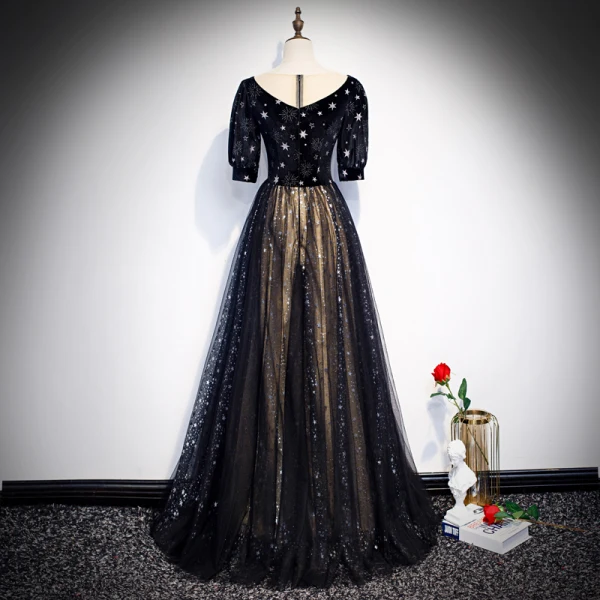 Vintage / Retro Black Evening Dresses 2020 A-Line / Princess See-through V-Neck Puffy 1/2 Sleeves Embroidered Glitter Star Tulle Floor-Length / Long Ruffle Formal Dresses