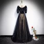 Vintage / Retro Black Evening Dresses  2020 A-Line / Princess See-through V-Neck Puffy 1/2 Sleeves Embroidered Glitter Star Tulle Floor-Length / Long Ruffle Formal Dresses