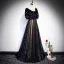 Vintage / Retro Black Evening Dresses  2020 A-Line / Princess See-through V-Neck Puffy 1/2 Sleeves Embroidered Glitter Star Tulle Floor-Length / Long Ruffle Formal Dresses