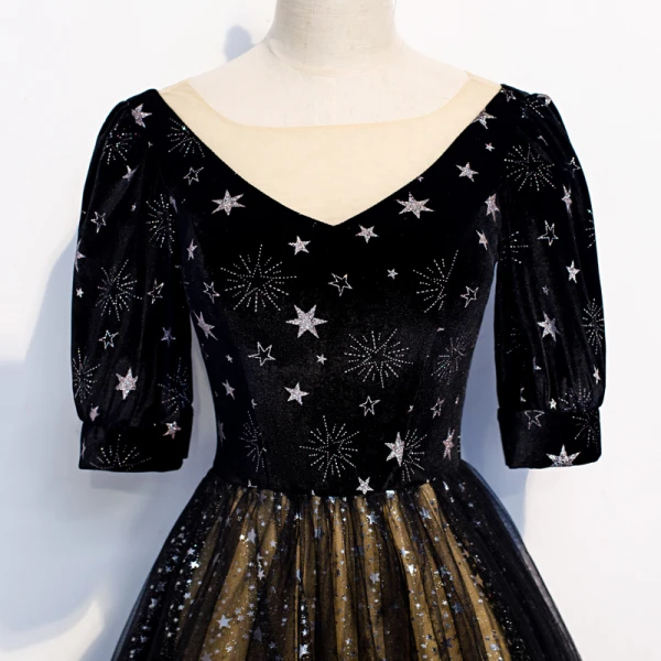 Vintage Retro Black Evening Dresses 2020 A Line Princess See Through V Neck  Puffy 1 2 Sleeves Embroidered Glitter Star Tulle Floor Length Long Ruffle  Formal Dresses