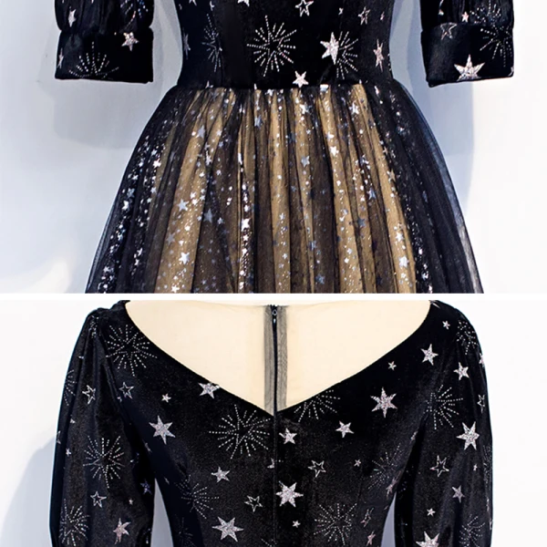 Vintage / Retro Black Evening Dresses 2020 A-Line / Princess See-through V-Neck Puffy 1/2 Sleeves Embroidered Glitter Star Tulle Floor-Length / Long Ruffle Formal Dresses