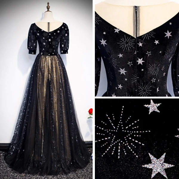 Vintage / Retro Black Evening Dresses 2020 A-Line / Princess See-through V-Neck Puffy 1/2 Sleeves Embroidered Glitter Star Tulle Floor-Length / Long Ruffle Formal Dresses