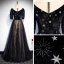 Vintage / Retro Black Evening Dresses  2020 A-Line / Princess See-through V-Neck Puffy 1/2 Sleeves Embroidered Glitter Star Tulle Floor-Length / Long Ruffle Formal Dresses