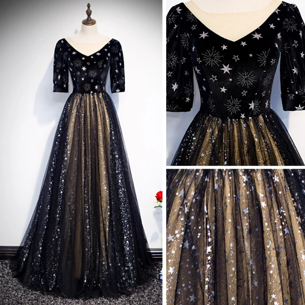 Vintage / Retro Black Evening Dresses 2020 A-Line / Princess See-through V-Neck Puffy 1/2 Sleeves Embroidered Glitter Star Tulle Floor-Length / Long Ruffle Formal Dresses
