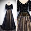 Vintage / Retro Black Evening Dresses  2020 A-Line / Princess See-through V-Neck Puffy 1/2 Sleeves Embroidered Glitter Star Tulle Floor-Length / Long Ruffle Formal Dresses