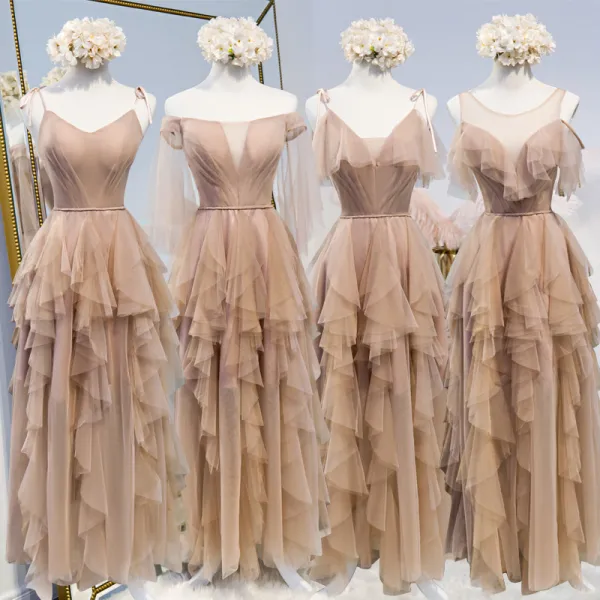 Chic / Beautiful See-through Champagne Bridesmaid Dresses 2020 A-Line / Princess Sash Floor-Length / Long Cascading Ruffles Backless Wedding Party Dresses
