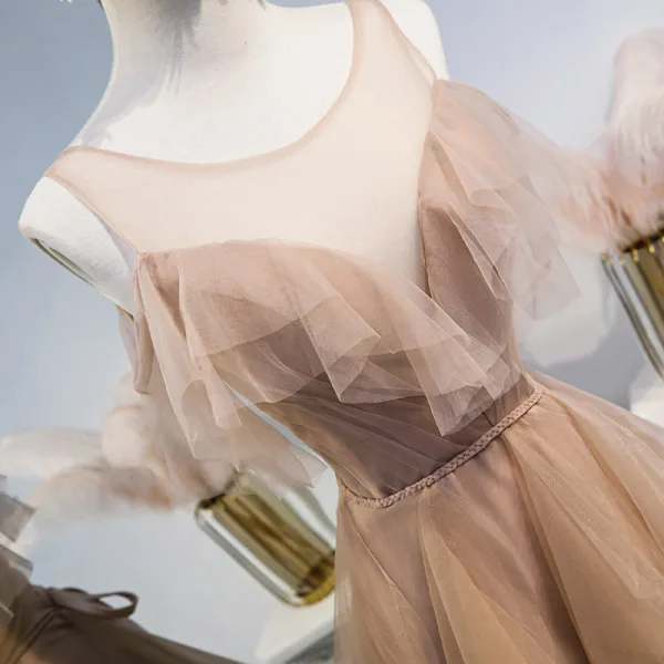 Chic / Beautiful See-through Champagne Bridesmaid Dresses 2020 A-Line / Princess Sash Floor-Length / Long Cascading Ruffles Backless Wedding Party Dresses