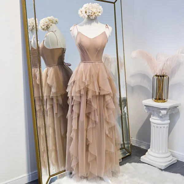Chic / Beautiful See-through Champagne Bridesmaid Dresses 2020 A-Line / Princess Sash Floor-Length / Long Cascading Ruffles Backless Wedding Party Dresses