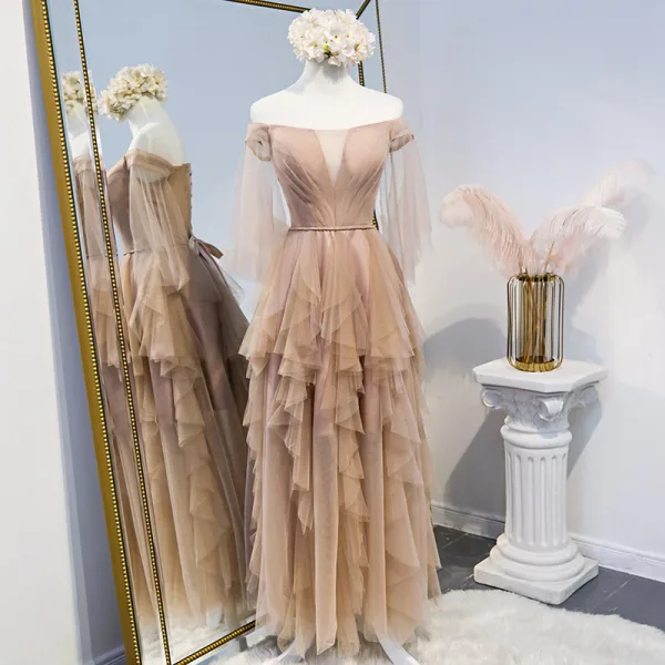 Chic / Beautiful See-through Champagne Bridesmaid Dresses 2020 A-Line / Princess Sash Floor-Length / Long Cascading Ruffles Backless Wedding Party Dresses