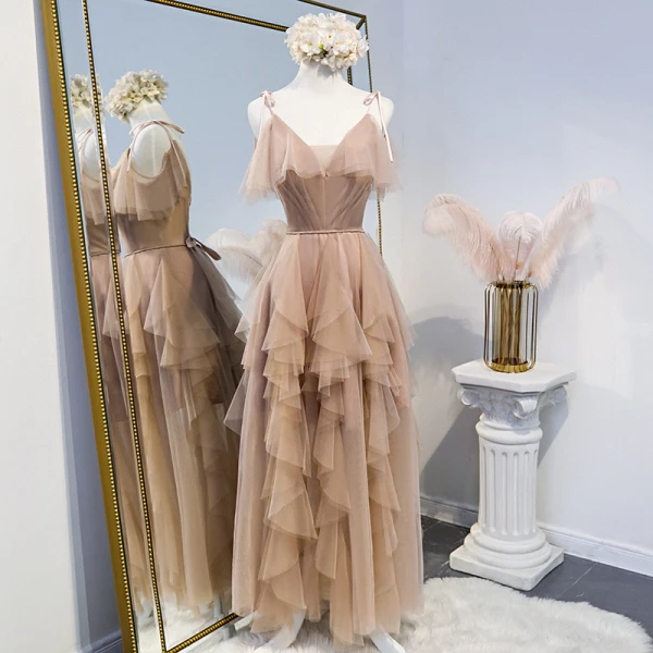 Chic / Beautiful See-through Champagne Bridesmaid Dresses 2020 A-Line / Princess Sash Floor-Length / Long Cascading Ruffles Backless Wedding Party Dresses