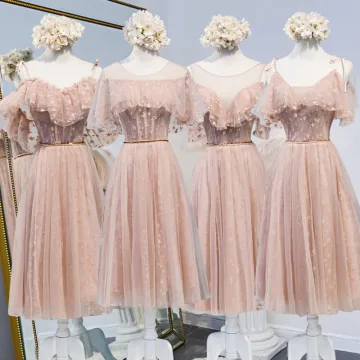 Chic Beautiful Pearl Pink Bridesmaid Dresses 2020 A Line Princess Appliques Lace Beading Sash Short Ruffle Backless Wedding Party Dresses