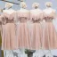 Chic / Beautiful Pearl Pink Bridesmaid Dresses 2020 A-Line / Princess Appliques Lace Beading Sash Short Ruffle Backless Wedding Party Dresses
