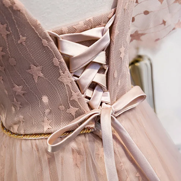 Chic / Beautiful Pearl Pink Bridesmaid Dresses 2020 A-Line / Princess Appliques Lace Beading Sash Short Ruffle Backless Wedding Party Dresses