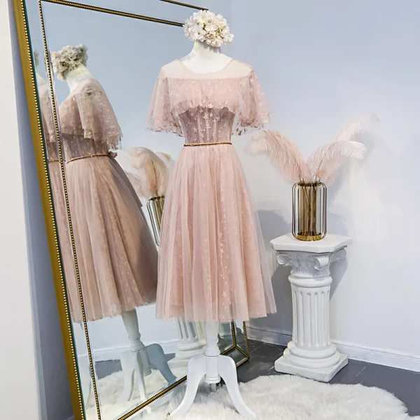 Chic / Beautiful Pearl Pink Bridesmaid Dresses 2020 A-Line / Princess Appliques Lace Beading Sash Short Ruffle Backless Wedding Party Dresses
