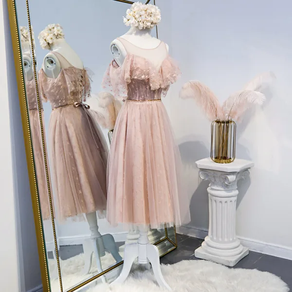 Chic / Beautiful Pearl Pink Bridesmaid Dresses 2020 A-Line / Princess Appliques Lace Beading Sash Short Ruffle Backless Wedding Party Dresses