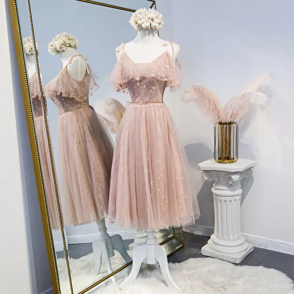 Chic / Beautiful Pearl Pink Bridesmaid Dresses 2020 A-Line / Princess Appliques Lace Beading Sash Short Ruffle Backless Wedding Party Dresses