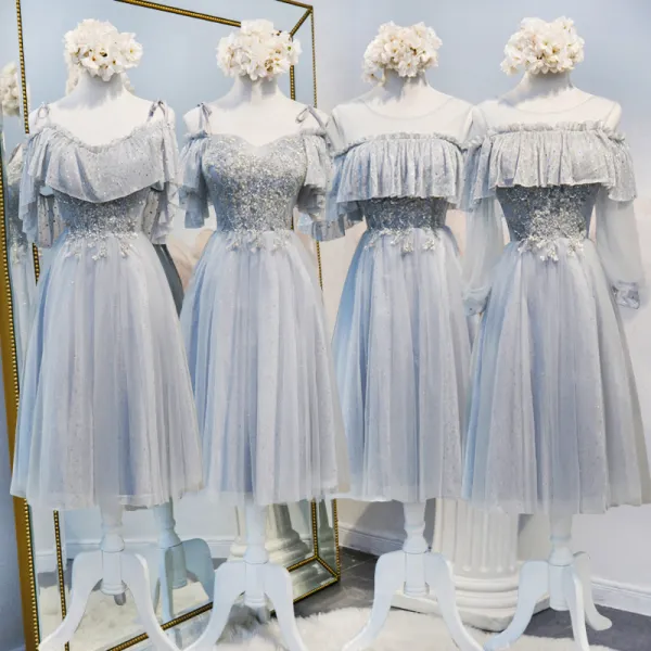 Piękne Szary Sukienki Dla Druhen 2020 Princessa Cekiny Frezowanie Krótkie Wzburzyć Bez Pleców Sukienki Na Wesele