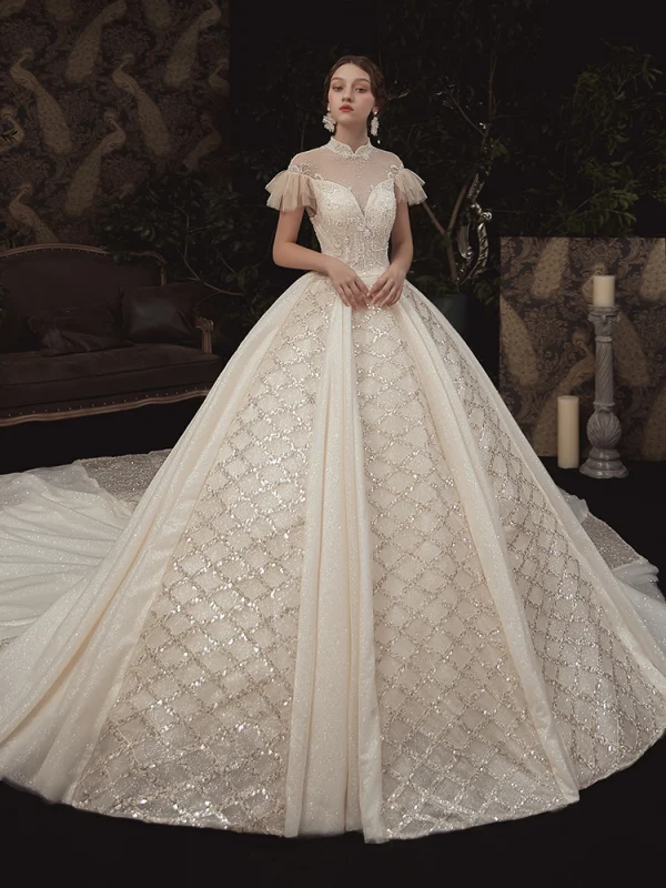 Haut de Gamme Champagne Transparentes Robe De Mariée 2020 Robe Boule Col Haut Manches Courtes Dos Nu Fait main Perlage Glitter Tulle Royal Train