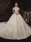 Haut de Gamme Champagne Transparentes Robe De Mariée 2020 Robe Boule Col Haut Manches Courtes Dos Nu Fait main Perlage Glitter Tulle Royal Train