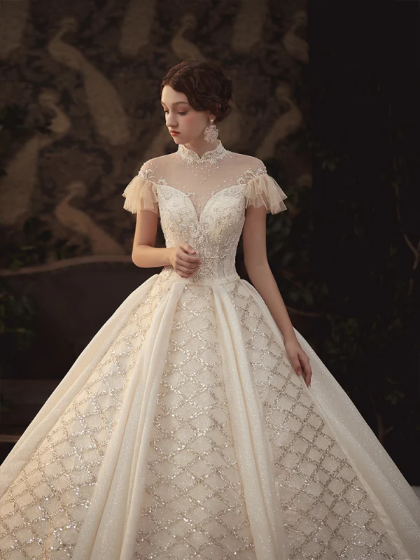 Haut de Gamme Champagne Transparentes Robe De Mariée 2020 Robe Boule Col Haut Manches Courtes Dos Nu Fait main Perlage Glitter Tulle Royal Train