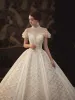 High-end Champagne See-through Wedding Dresses 2020 Ball Gown High Neck Short Sleeve Backless Handmade  Beading Glitter Tulle Royal Train